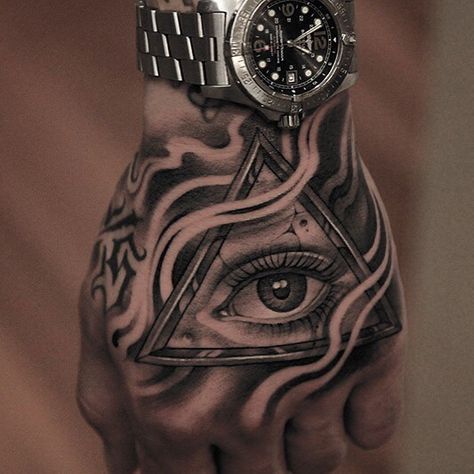 2,351 Likes, 67 Comments - Miguel Ochoa (@miguelochoa) on Instagram: “Thank you @nickmatic_tattoos for giving me creative control on your #eyeofprovidence handshot.…” Seeing Eye Tattoo, Egyptian Eye Tattoos, All Seeing Eye Tattoo, Egyptian Tattoo Sleeve, Catrina Tattoo, Triangle Tattoos, Egyptian Tattoo, Geniale Tattoos, Small Hand Tattoos