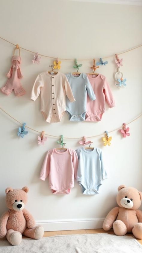 Hang clothes on hooks. Once you've tackled under-bed storage, consider using hooks to hang your baby's clothes. This method not only organizes their wardrobe but also enhances the nursery's aesthetic with a charming display. Discover how to maximize this space-saving solution and engage your child's budding fashion sense. Don’t miss this! 👇 Click to read! #ParentingWins #MomAdvice #MomOfToddlers Baby Boutique Ideas, Rolling Drawers, Storing Baby Clothes, Baby Clothes Storage, Clear Storage Bins, Hang Clothes, Baby Clothes Organization, Hanging Display, Clothes Hanging