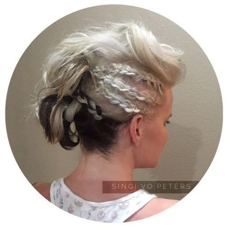 Black and White Edgy Mohawk Updo Braided Updo Casual, Braided Updo Ponytail, Braided Updo For Short Hair, Side Braid With Curls, Side Braids For Long Hair, Edgy Updo, Mohawk Updo, Easy Braided Updo, Braided Mohawk