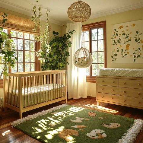 7+ Cheerful Gender Neutral Nursery Ideas in Yellow and Green • 333+ Inspiring Lifestyle Ideas Sage And Burnt Orange Nursery, Natural Theme Nursery, Pine Green Nursery, Safari Green Nursery, Yellow Nursery Aesthetic, Yellow Woodland Nursery, Half Nursery Half Office, Nursery Ideas Tropical, Gender Neutral Garden Nursery