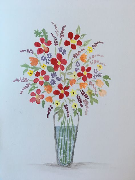 Simple Flower Vase Painting, Flowers In Vase Drawing Simple, Watercolour Vase, Glass Vase With Flowers Drawing, Watercolor Flowers In Jar, Watercolour Vase Of Flowers, Watercolor Bouquet Of Flowers In Vase, Short Vase, Flower Birthday Cards