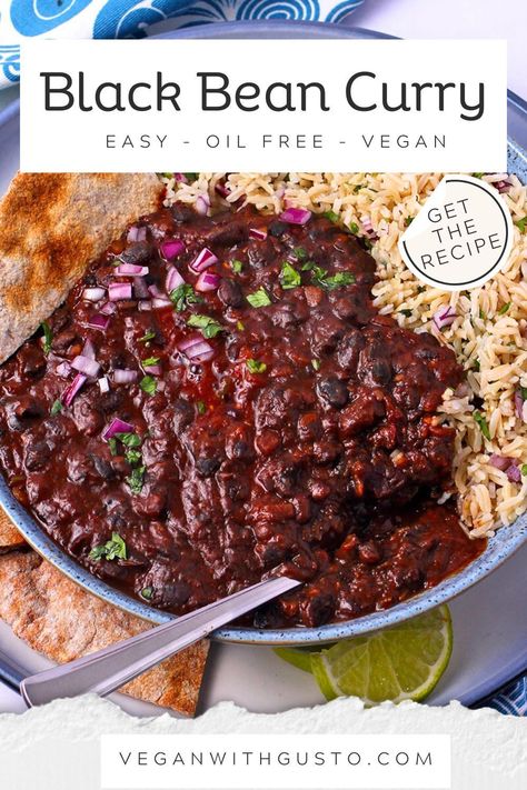 Creamy vegan black bean curry transforms dry black beans, Indian spices, tomatoes, and aromatics with no added oil or coconut milk into a luscious plant-based dinner you can make in the Instant Pot or on the stovetop. Try my quick canned beans option and never miss out on delicious curry! If you’re ready to make a delicious plant-based curry, get this recipe. Black Bean Curry, Dry Black Beans, Bean Curry, Vegan Curry Recipes, Vegan Indian Recipes, Lentil Dal, Dried Black Beans, Vegetable Stock Cubes, Beans Curry