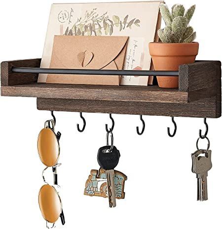 Mkono Wall Mounted Wine Rack and Key Holder with 6 Hooks House Key Holder, Keys Hanger, Key And Letter Holder, Foyer Ideas Entryway, Mail And Key Holder, Rustic Wood Floating Shelves, Wall Mounted Key Holder, Wood Floating Shelf, Shelf With Hooks