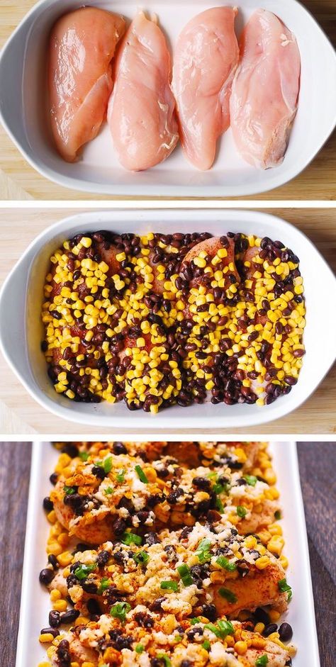 Corn Black Bean, Chicken Mexican, Black Bean Chicken, Corn Chicken, Bake Chicken, Recipes Mexican, Mexican Street Food, Chicken Bake, Cotija Cheese