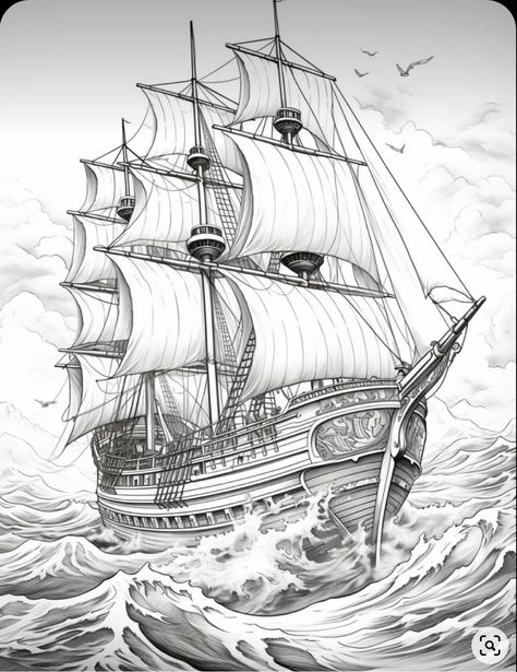 Ship Coloring Pages, Pirate Ship Drawing, Scary Ocean, Ship Pirate, Pirate Coloring Pages, Navi A Vela, Boat Drawing, Model Ship Building, Sailing Art