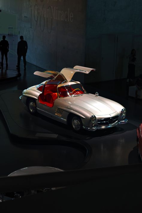 Epic and Historical Mercedes-Benz 300SL Gullwing in the Mercedes Benz Museum… To get the Full Quality Image, visit the Website. Mercedes Museum, Mercedes Benz Museum, 300sl Gullwing, Benz 300sl, Mercedes Benz 300sl, Mercedes 300, Museum Interior, Retro Car, Retro Cars