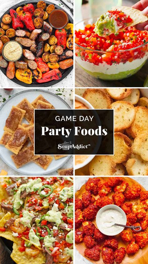 A collage of recipe photos for a collection of Game Day Party Foods. World Series Party, Bacon Wrapped Potatoes, Homemade Cheez Its, Party Food Menu, Party Food Snacks, Roasted Red Pepper Dip, Cincinnati Chili, Baked Artichoke, Spicy Cauliflower