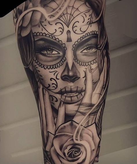 120+ Amazing Santa Muerte Tattoos With Meanings (2021) - TattoosBoyGirl Skull Candy Tattoo, Day Of Dead Tattoo, Mexican Skull Tattoos, Candy Skull Tattoo, Chicanas Tattoo, Catrina Tattoo, Skull Girl Tattoo, Sugar Skull Girl, Chicano Tattoos