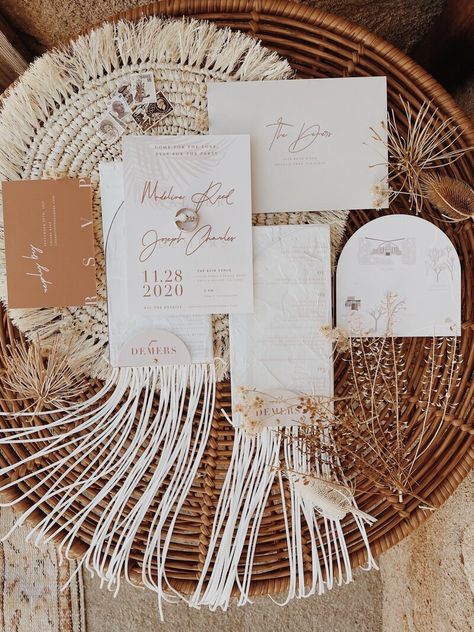 Wedding Stationery Inspiration | Velvet Fox Designs Boho Glam Wedding Invitations, Macrame Wedding Invitation, Wedding Invitations Boho Chic, Boho Wedding Invitations Bohemian, Signage Stand, Prenup Photos, Boho Chic Wedding Invitations, Boho Glam Wedding, Tropical Weddings