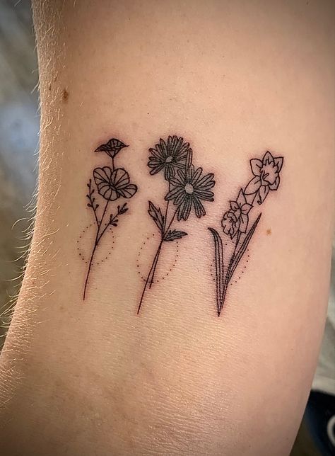 February, March and September birth flower tattoo October And April Flower Tattoo, September Birth Flowers Tattoo, October And March Flower Tattoo, January And September Flower Tattoo, October Tattoo Ideas Symbols, December Birthday Tattoo, May And September Birth Flower Tattoo Together, Trio Flower Tattoos, Memorial Flower Tattoos