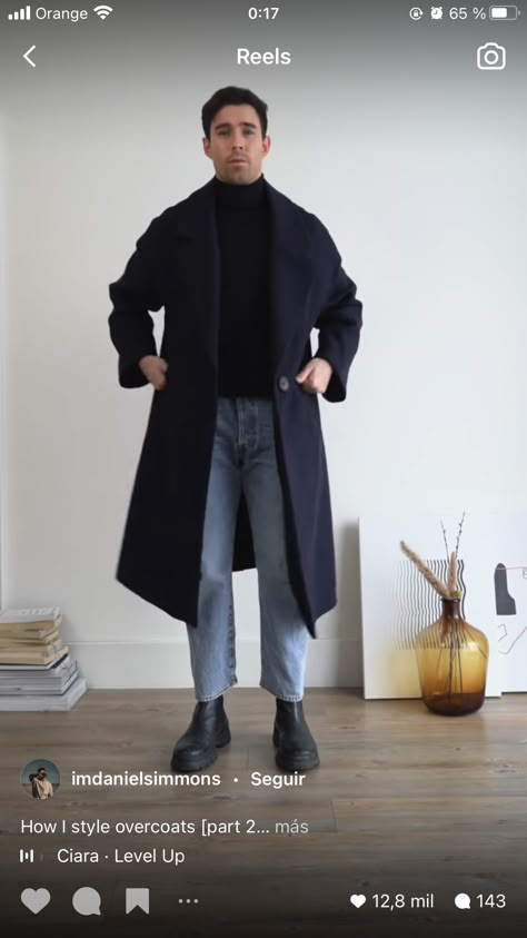 Chunky Boots Men Outfit, Black Boots Men’s Outfits, Men’s Black Boots Outfit, Black Turtle Neck Outfit Men Casual, Navy Coat Street Style, Chunky Boots Outfit Men, Turtle Neck Outfit Men Casual, Chunky Loafers Outfit Men, Black Peacoat Outfit