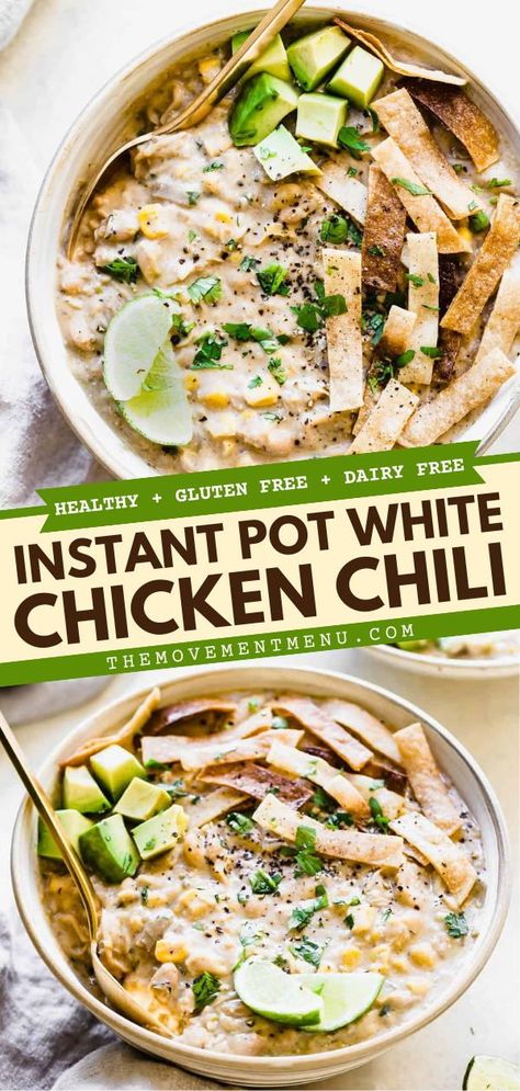 There's so much to love about this white chicken chili! Thanks to the Instant Pot, it's a quick and easy dinner recipe. Creamy, hearty, and delicious, it's the perfect comfort food! Plus, it's healthy, gluten-free, and dairy-free! Instant Pot White Chili Chicken, White Chili Instant Pot Recipes, Dairy Free Chilli Recipe, White Chicken Chili Instant Pot Dairy Free, Instant Pot Chicken Dairy Free, Instant Pot Chicken Gluten Free, Instapot White Chicken Chili Healthy, White Bean Chicken Chili Non Dairy, Instant Pot Chicken Recipes Gluten Free Dairy Free