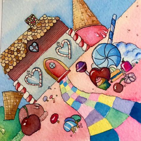 Candyland Drawing Art, Candyland Painting Ideas, Candyland Painting, Candy Land Painting, Candyland Drawing, Candy Painting, Simple House Drawing, Pool Drawing, Webtoon Ideas