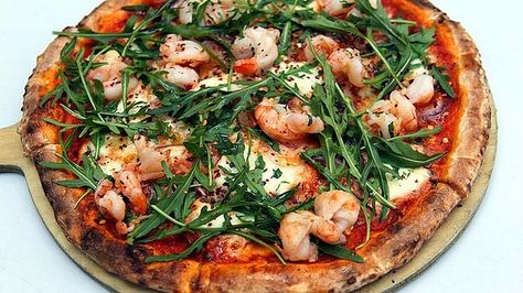 Pizza "Farnese" - mozzarella garlic, prawns and chilli. SMH Good Living. 04 April 2012. Photo by Simon Alekna Gelato Rome, Prawn Pizza, Pizza Couples, Chilli Prawns, Garlic Prawns, Sydney Restaurants, Sports Club, Wood Fired Pizza, April 2012