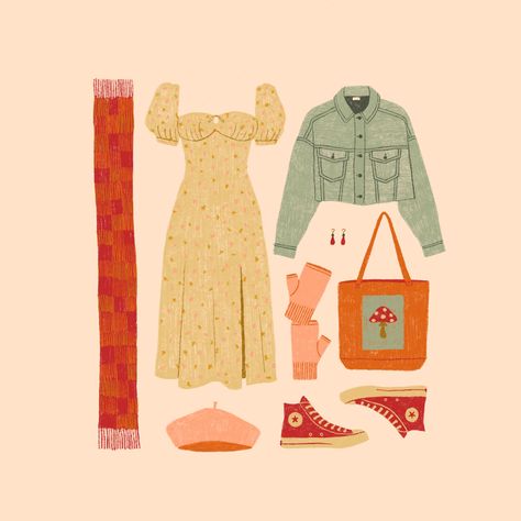 Illustrated flat lay of an outfit. Red scarf, yellow dress, peachy mittens and beret. Green jacket, red converse shoes and mushroom tote. Fall Outfits Drawings, Fall Outfit Drawing, Cardigan Illustration, Cottagecore Backpack, Fashion Flat Lay, Backpack Illustration, Outfit Collage Aesthetic, Backpack Drawing, Cardboard Crafts Kids