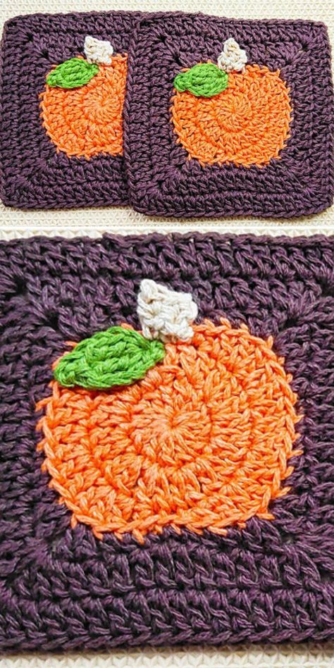 A crochet pumpkin square Quick Crochet Projects, Granny Square Crochet Patterns Free, Fall Crochet Patterns, Crochet Motif Patterns, Halloween Crochet Patterns, Fun Crochet, Crochet Fall, Crochet Stitches For Beginners, Crochet Pumpkin