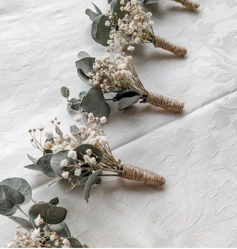 Baby’s Breath Boutinniere, Earthy Wedding Flowers, Boutineer Ideas Wedding, Eucalyptus Corsage, Boutineer Ideas, Wedding Color Schemes Spring, Simple Wedding Bouquets, Greenery Wedding Bouquet, Western Themed Wedding