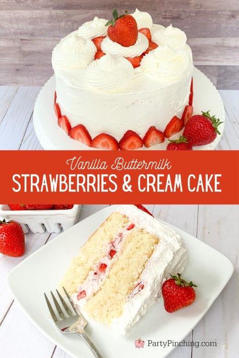 Strawberries Cream Cake, Strawberry Cake With Vanilla Frosting, Strawberry Frasier Cake, Strawberries On Top Of Cake, Vanilla Cake With Fresh Strawberries, Vanilla Cake Recipe With Strawberries, Easy Vanilla Strawberry Cake, Strawberry Flavored Cake, Vanilla Strawberry Cake Recipe