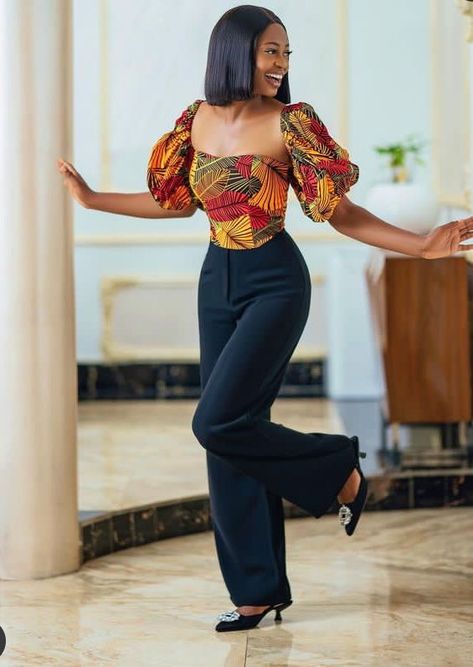 Palazzo Trouser And Top Ankara, Ankara Corset Top Outfit Classy, Ladies Trousers And Top African Wear, Ankara Tops For Women, Ankara Corset Top, Senegalese Dresses, Men Senator, Ankara Top Styles, Chitenge Outfits