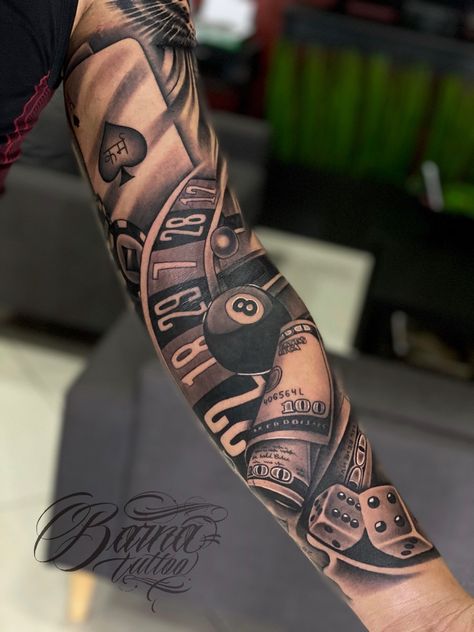 Roulette Tattoo, Gambling Tattoo Ideas, Jeep Tattoo, Portrait Tattoo Sleeve, Arm Tattoos For Guys Forearm, Koi Tattoo Design, Chicano Tattoos Sleeve, Vegas Tattoo, La Tattoo