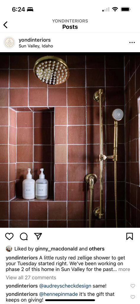 Red Tile Bathroom, Yond Interiors, Natural Stone Countertops, Red Tiles, Bathroom Red, Zellige Tile, Square Tile, Dream Home Design, Shower Tile