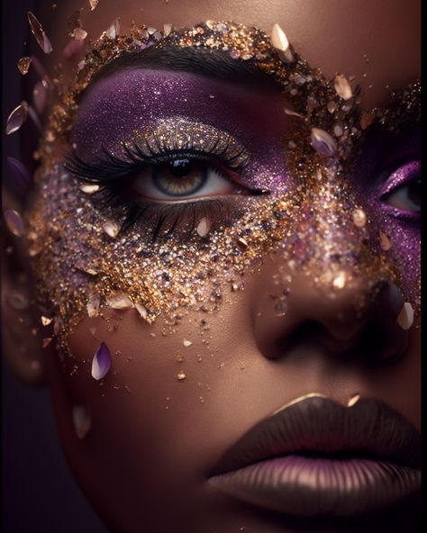 Ai beauty editorial, ai makeup, editorial makeup, editorial photography, purple and gold makeup, shimmer makeup, magazine makeup, ai generated makeup, makeup inspo, makeup inspiration, crystal face makeup, gold makeup, beautiful makeup, portrait photography ©Paje Pokjowy Crystal Face Makeup, Purple Goddess Makeup, Mardi Gras Makeup Ideas, Purple And Gold Makeup, Makeup Portrait Photography, High Fashion Makeup Editorial, Bday Makeup, Portfolio Makeup, Practice Makeup