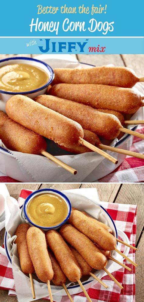 Bring the delicious taste of Summer fair Honey Corn Dogs right into your kitchen, with the help of “JIFFY” Honey Corn Muffin Mix. They’re an easy treat to enjoy all Summer long. Sausage Corn Dog Recipe, Diy Corn Dogs Jiffy, Jiffy Cornbread Corndogs, Corn Dogs Homemade Easy, Making Corn Dogs, Corn Dog Recipe Jiffy, Corn Dog Recipe Without Cornmeal, Jiffy Cornbread Hot Dogs, Jiffy Corn Muffin Mix Hot Dogs