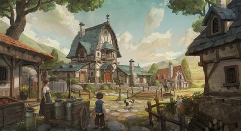 village, sanghyun kam on ArtStation at https://www.artstation.com/artwork/lVq9Eo Three Kingdom, Dnd Backgrounds, Forest Village, Farm Village, Fantasy Village, Fantasy Town, Background Anime, Book Promotion, Fantasy City