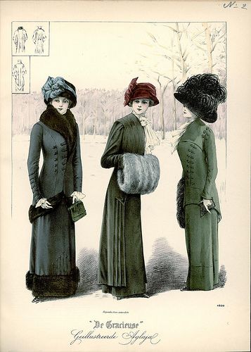 Winter Schminter / 1910 fashion print De Gracieuse. 1910 Winter Fashion, 1910s Winter Fashion, Edwardian Winter Fashion, 1910 Fashion Plate, 1909 Fashion, Edwardian Fashion Plates, 10s Fashion, Fashion 1910, 1900s Fashion