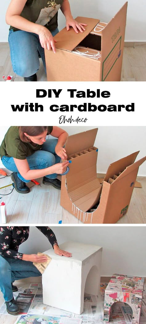 Recycle Home Decor, Cardboard Console Table Diy, How To Reuse Cardboard Boxes, Cardboard Nightstand Diy, Diy Coffee Table Easy Cheap, Cardboard Side Table Diy, Cardboard Headboard Diy, Cardboard Planters Diy, Upcycle Side Table