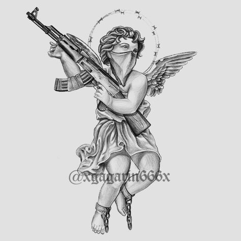 Chicano tattoo designs angel Cupid Tattoo Men, Ftp Tattoo Design, Gangsta Tattoos Gangsters Drawings, Gangsta Angel Tattoo, Gangster Angel Tattoo, Chicano Angel Tattoo, Angel Tattoo Designs For Men, Chicano Tattoo Design Ideas, Chicano Tattoo Designs