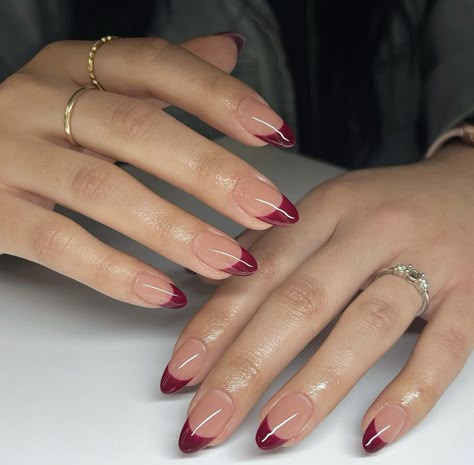 Rounded French Tip Nails Color, Burgundy Formal Nails, Almond French Tip Nails Color Winter, Garnet French Tip Nails, Wine Tip Nails, Prom Nails For Burgundy Dress, Dark Red Almond French Tip Nails, Crimson French Tip Nails, Burgundy Red French Tip Nails