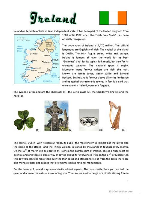 Ireland or Republic of Ireland - English ESL Worksheets for distance learning and physical classrooms Ireland Worksheet, Christmas Math Worksheets, Ireland History, Reading Comprehension Lessons, Comprehension Exercises, World Thinking Day, Homeschool Geography, Reading Comprehension Activities, Irish History