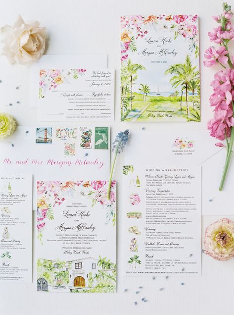 A Backyard Wedding at the Groom's Family's Historic Ocean-Front Home in Delray Beach, Florida Key Largo Wedding, Florida Watercolor, Stationary Wedding, Watercolour Wedding Stationery, Folded Maps, Key Largo Florida, Ocean Front Homes, Backyard Reception, Ocean Reef