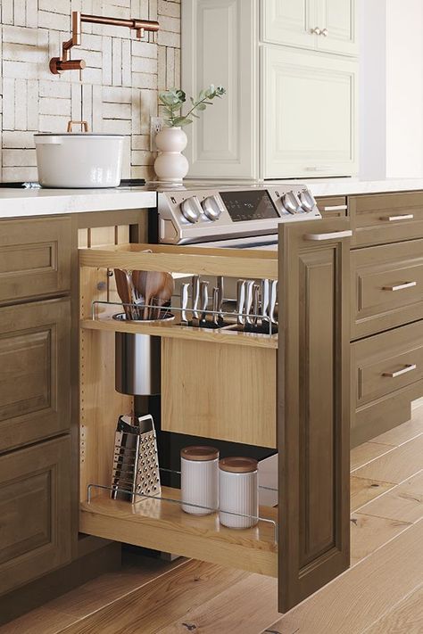 Treat your inner chef to an organized kitchen with Diamond Cabinetry.​ Pantry Pullout, Pullout Cabinet, Kitchen Pullout, Micro Kitchen, Diamond Cabinets, Kitchen Cabinetry Design, Organized Kitchen, Laundry Room Inspiration, Cabinet Style