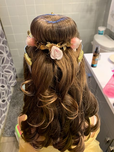 Princess Belle Hairstyle For Kids, Bell Hairstyle Disney, Beauty And The Beast Hairstyle, Belle Hairstyle Disney, Princess Belle Hairstyle, Princess Belle Hair, Belle Party Ideas, Beauty And The Beast Halloween, Princess Belle Party