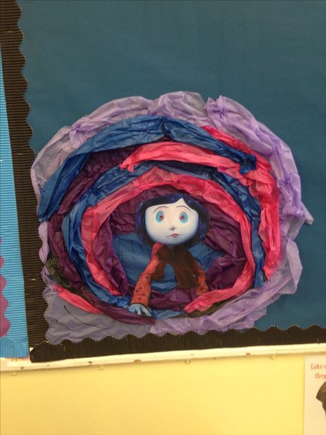 My year seven Coraline display. Caroline Door Decoration, Halloween Door Decorations Coraline, Caroline Halloween Decoration, Coraline Haunted House, Coraline Outdoor Decorations, Tim Burton Office Decor, Tim Burton Door Decorations, Coraline Classroom Door, Coraline Door Tunnel