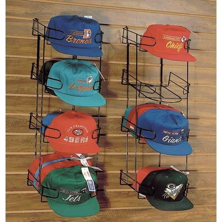 The slatwall hat display keeps headwear organized. Each rack holds 3 to 4 dozen caps. The slatwall hat display allows you to create an impressive exhibit by using multiple holders. Each rack is stylish. The slatwall hat display is durable. Color: Black. Baseball Hat Display, T-shirt Display, Metal Coat Hangers, Cap Rack, Shed Office, Clothing Store Displays, Hat Wall, Tshirt Display, Shirt Display