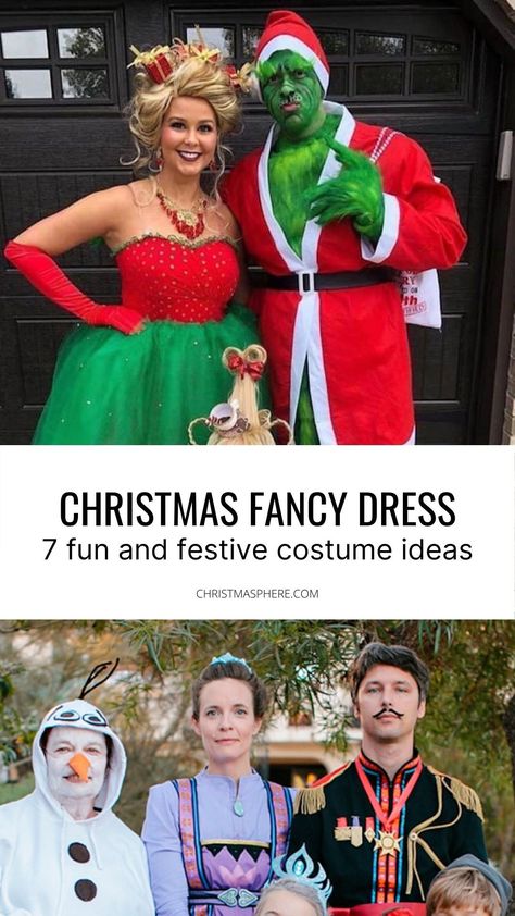 the best Christmas fancy dress outfit ideas for couples, families and friends. Never be stuck for party inspiration with these awesome ideas from the Grinch to Withnail and I- find out more! CHRISTMASPHERE.COM #christmasfancydress #fancydress #partyideas #partythemes Womens Christmas Costume, Christmas Family Dress, Xmas Theme Outfits, Team Holiday Dress Up Ideas, Xmas Couple Outfit, Family Christmas Dress Up Ideas, Christmas Party Funny Outfit, Christmas Dressup Ideas, Funny Christmas Outfits For Couples