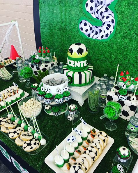 Close up Soccer Theme Party Soccer Party Candy Table, Soccer Dessert Table, Boys Soccer Birthday Party, Soccer Party Ideas, Soccer Party Food, Soccer Theme Birthday Party, Soccer Birthday Party Ideas, Soccer Theme Party, Soccer Themed Birthday Party