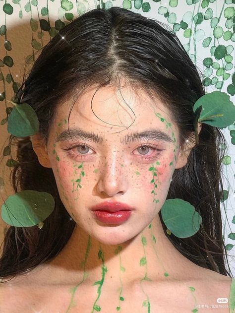 Green Leaf Makeup, Leaf Makeup Look, Tree Makeup Look, Floral Makeup Looks, Vine Makeup, Moss Makeup, Leaf Makeup, Garden Makeup, Plant Makeup