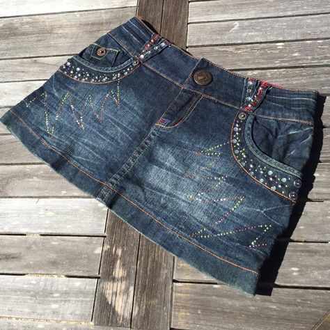 Tell Premium Denim Jean Skirt Rhinestones Studs M Rhinestone Denim Skirt, Bedazzled Denim Skirt, Bedazzled Jean Skirt, Y2k Jean Skirt, Y2k Denim Skirt, Bedazzled Jeans, Clothing Board, Rhinestone Skirt, Style Bundle