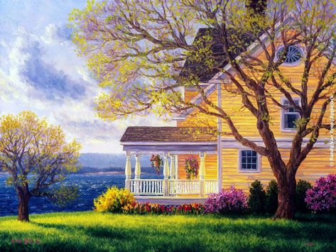 Randy Van Beek Cottage Painting, Lakeside Cottage, Jig Saw, Yellow House, Sea Wall Art, Yellow Houses, Home Wallpaper, By The Sea, Framed Canvas Art