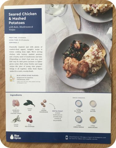 I did it. I became a Blue Apron user. Okay, not really, I just got a coupon in the mail for a bajillion percent off so I had to try it. Otherwise, I’d be freaking stupid. I’ve been want… Blue Apron Recipe Cards, Publix Recipes, Blue Apron Recipes, Buttery Mashed Potatoes, Chicken Mashed Potatoes, 30 Min Meals, Prep Meals, Winter Cooking, Hello Fresh Recipes