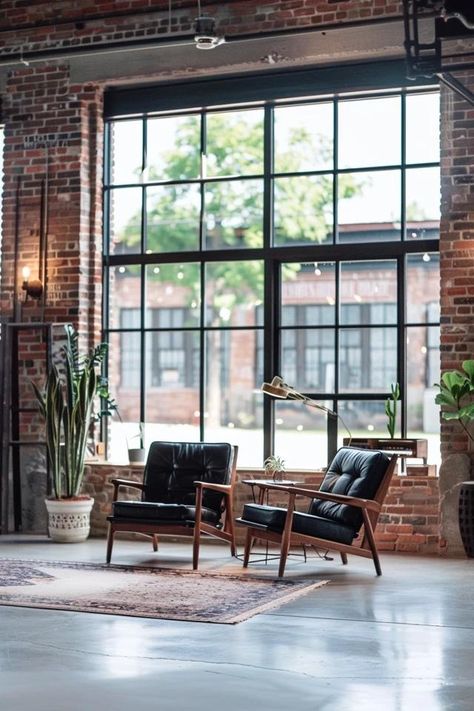 Industrial Window Treatments: Elegant Solutions Black Industrial Windows, Loft Window Treatments, Industrial Window Treatments, Spring Bedroom Decor, Loft Windows, Industrial Windows, Brick Interior, Porch Windows, Industrial Dining Table