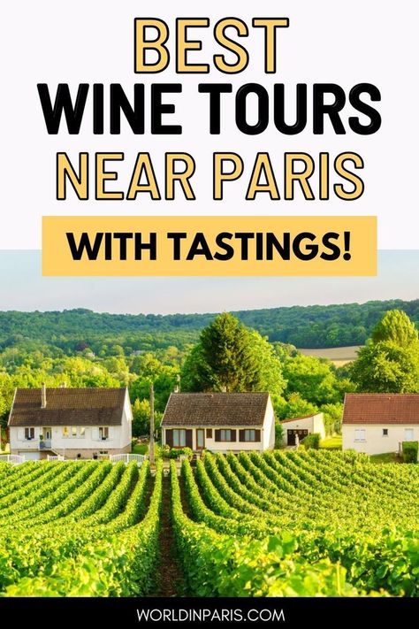 A French wine region near Paris - Text reads Best Wine Tours Near Paris - With Tastings! French Wine Country, Wine Region Map, Paris Wine, French Wine Regions, Day Trips From Paris, Paris View, Day Trip From Paris, Regions Of France, Bordeaux Wine