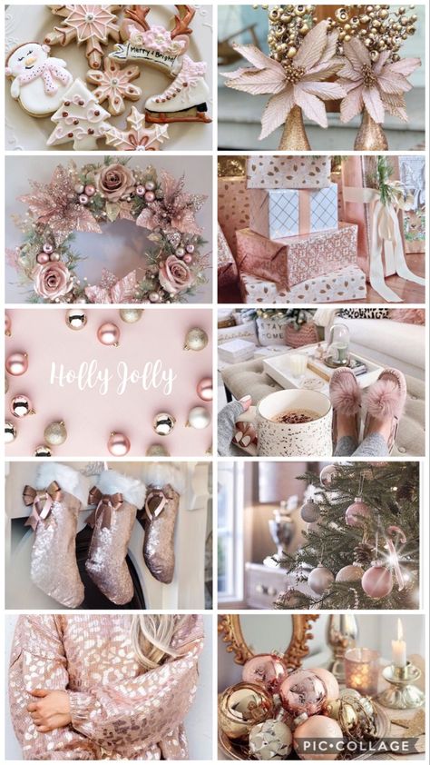 10 rose gold tones photos in a grid to set a holiday vibe Christmas Rose Gold Decorations, Pink And Gold Christmas Aesthetic, Rose Gold Christmas Aesthetic, Christmas Decor Ideas Pink And Gold, Gold Christmas Aesthetic Wallpaper, Gold Christmas Aesthetic, Blush Christmas Decor, Rose Gold Christmas Table, Diy Christmas Ornaments Rustic