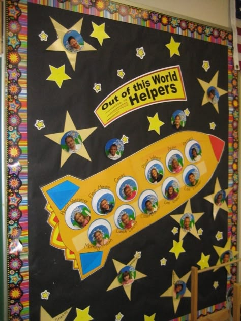 Space-Themed Classroom Ideas - WeAreTeachers Space Themed Classroom, Space Bulletin Boards, Attendance Board, Space Theme Classroom, Space Classroom, Classroom Helpers, Class Door, Classroom Idea, Preschool Bulletin