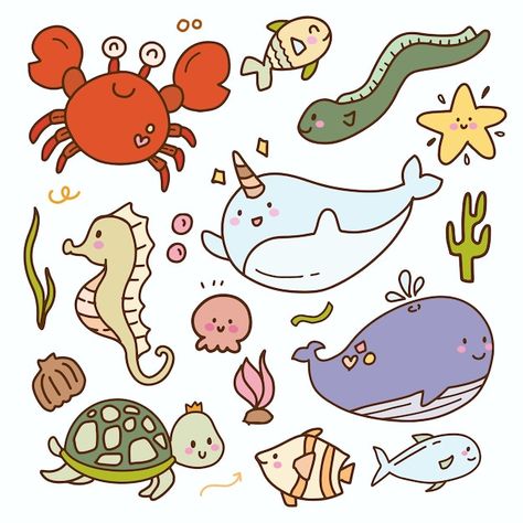 Whale Cartoon, Crab Cartoon, Nursery Drawings, Sea Creatures Drawing, Underwater Cartoon, Cartoon Sea Animals, Sea Drawing, Sticker Baby, Doodle Cartoon