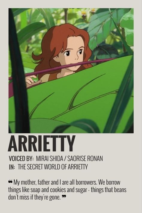 studio ghibli the secret world of arrietty movie character minimalist polaroid poster The Secret World Of Arrietty, Minimalist Polaroid Poster, Secret World Of Arrietty, Polaroid Poster, The Secret World, Movie Character, Random Pics, Character Names, Names With Meaning